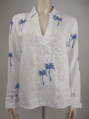 Calypso St. Barth white blue embroidered palm tree 100% Linen blouse top Medium